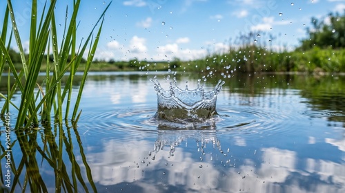  Water droplet creating ripples on calm reflective pond surface