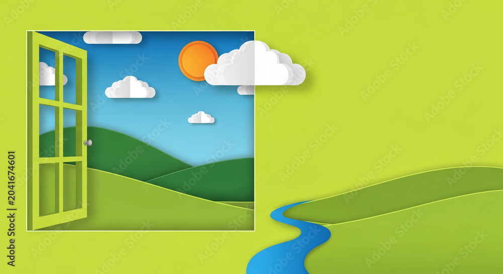 Fototapeta premium Open green doorway revealing a stylized landscape of rolling hills, a blue sky with clouds and sun, and a winding river, symbolizing a new beginning or opportunity