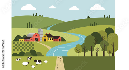 Fotografie Idyllic Farm Landscape with River and Rolling Hills, Farm Animals Grazing