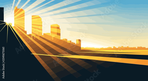 Fotografie Sunrise Over Modern City Skyline, Rays Of Light Casting Long Shadows On Ground