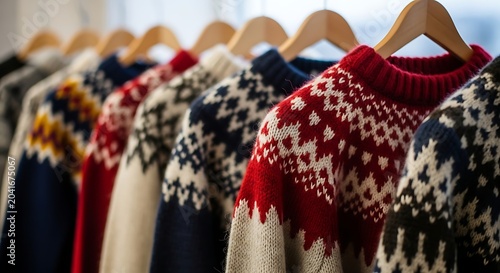 Colorful Wool Sweaters Hanging on Wooden Hangers in Cozy Clothing Shop