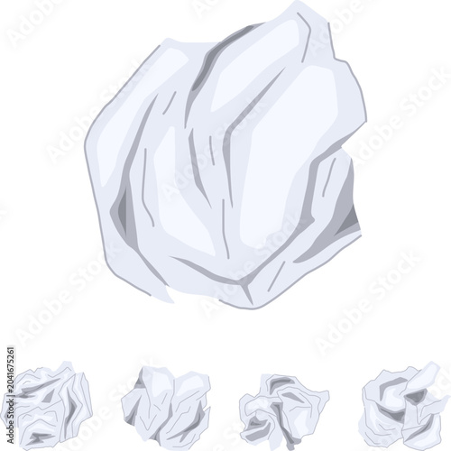 Photos Crumpled paper balls scatter on a white background, symbolizing ideas discarded,