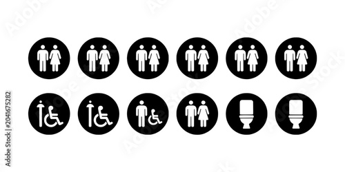 Accessibility Icons Set with Wheelchair and Restroom Symbols, Gender Neutral Figures and Braille Sign for Public Wayfinding