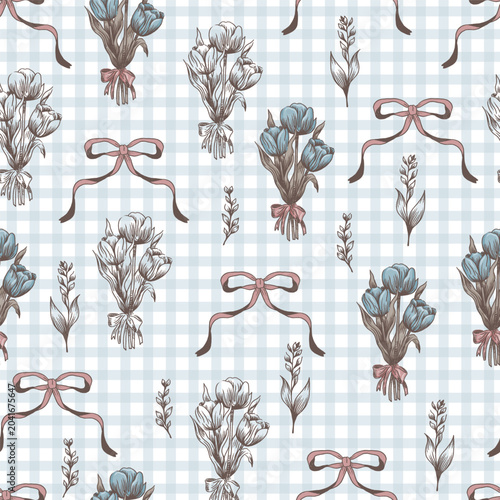 Vintage Boys and Tulips Bouquet on Checks Vector Seamless Pattern