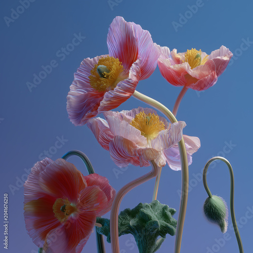 A bouquet of pale pink poppies on a blue background