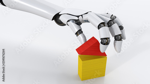 Robot building up house with building blocks, 3d rendering