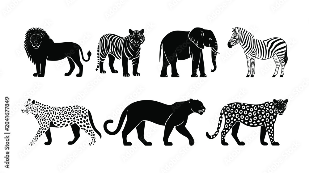 Obraz premium Animal icons featuring lion, tiger, elephant, zebra, leopard, and jaguar in silhouette and illustration styles