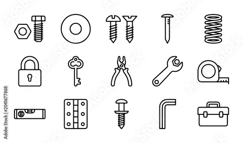 Tableau sur toile Hardware Icons Set, Metal Fasteners & To100