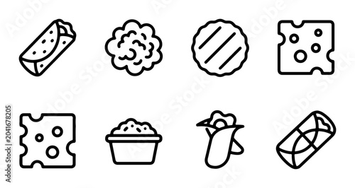 Bild auf Leinwand Mexican Food Icons: Burrito, Cheese, Corn, Cauliflower, Burger Patty, Dip - Vect