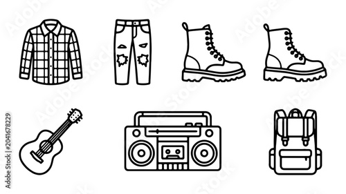 Quadro su tela Grunge Style Icons: Flannel Shirt, Ripped Jeans, Combat Boots, Guitar, Boombox,