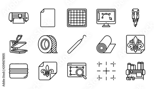 Graphic Design Tools, Printing Equipment, and Crafting Icons Set: Vector Elements for Creative Projects