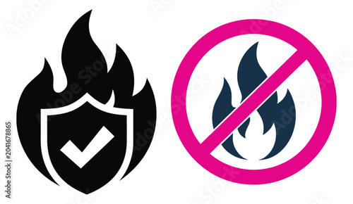 Foto Fire Resistant and No Fire Warning Safety Icons Set, Safety Compliance Symbols for Fire Prevention, Hazardous Area Restrictions, Industrial Security Guidelines, Editable Vector Illustration Artwork