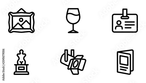 Art Gallery Icons: Painting, Wine Glass, ID Badge, Sculpture, Spotlight, Brochure Set