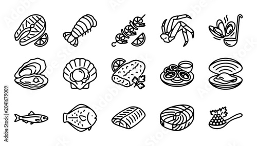 Seafood Icons Collection, Fresh Fish and Shellfish Vector Graphics, Culinary Delights for Menus