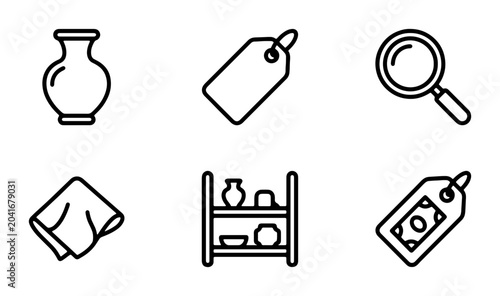 Ceramics, Vases, Shelving, Magnifying Glass, Tags, Icons Set: Retail, Shopping, Collection