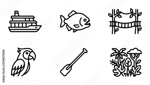 Amazon Jungle Icons: Boat, Piranha, Bridge, Parrot, Paddle, Rainforest Elements