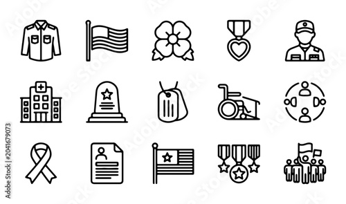 Veterans Day Icons, Military Service Symbols, Patriotism Vector Set, Remembrance Graphics