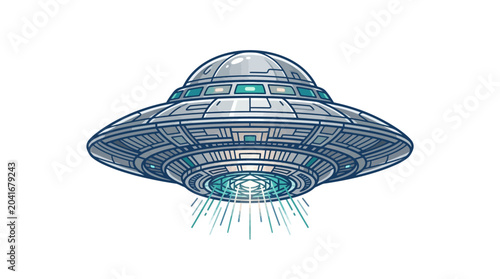 Quadro su tela Flying saucer alien spacecraft with bright lights descending from below