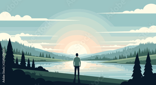 Tableau sur toile Man Standing on Lakeshore Watching Sunrise Over Mountains and Lake, Serene Lands