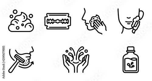Cuadro en lienzo Shaving Icons, Grooming Line Art Set: Razor, Foam, Face Wash, Aftershave, Hygien