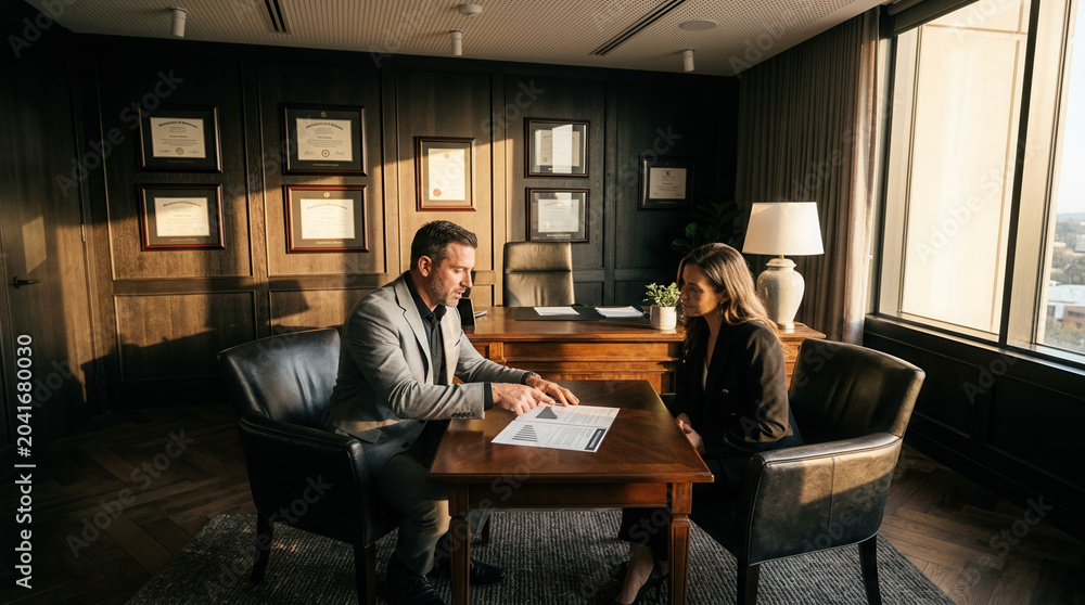 Fototapeta premium Professional Meeting in Executive Office, Discussing Important Documents and Important Negotiations