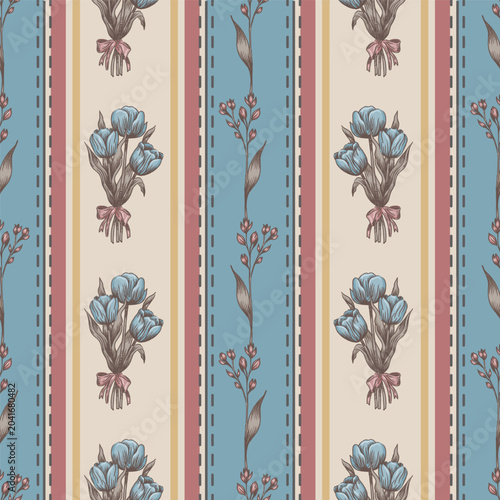 Blue Tulips Bouquet Vector Seamless Stripes Pattern