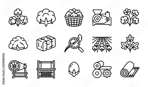 Schilderij op canvas Cotton Industry Icons: Farming, Processing, Textile Production, 15 Vector Elemen