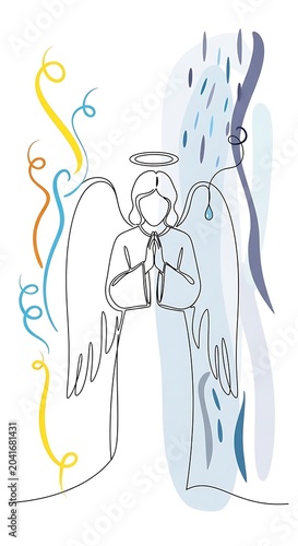 Minimal Line Art Angel Praying with Halo and Wings on White Background