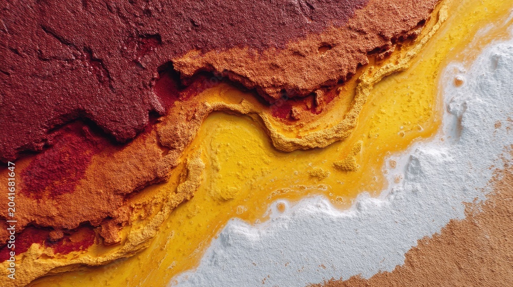 Fototapeta premium Vibrant Abstract Layered Textures of Red, Orange, Yellow, and White Powdered Substances on Natural Background