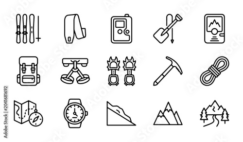 Bild auf Leinwand Mountain Climbing and Skiing Icons Set: Adventure Gear, Outdoor Sports, and Expe