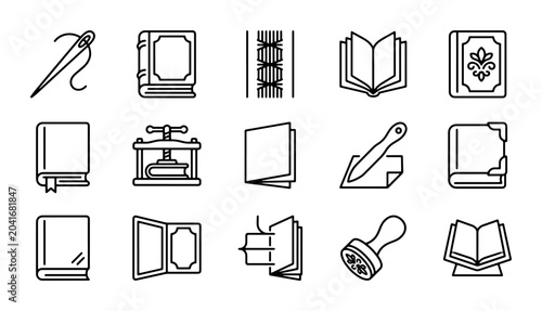 Bild auf Leinwand Bookbinding Icons Set: Vintage Craft Tools, Library Objects, Publishing Symbols