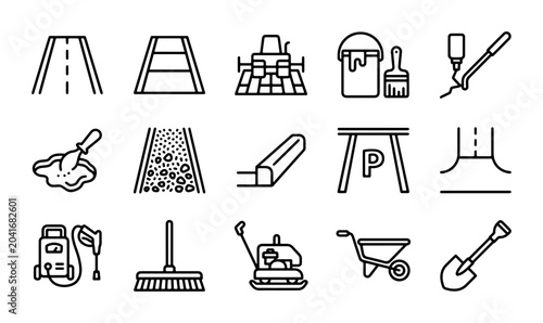 Foto Road Construction Icons, Paving Equipment, Building Materials, Roadwork Tools, V