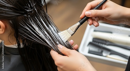 Wet Dark Hair Being Treated with Brush in Modern Hair Salon
