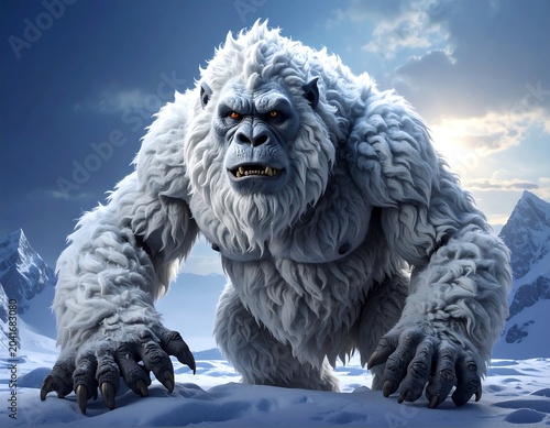 Fierce White Yeti Crouching on Snowy Mountain Landscape