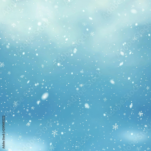 Soft white snow and intricate snowflakes falling against a vibrant gradient blue sky background, creating a serene winter scene
