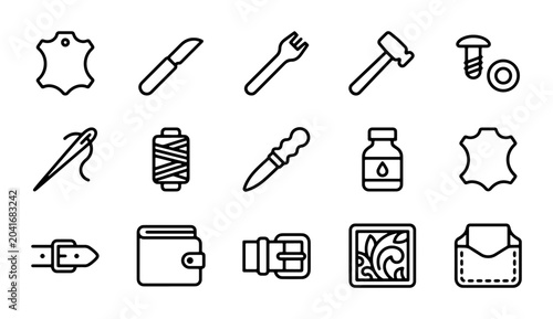 Quadro su tela Leather Crafting Icons Set: Tools, Materials, and Products for Handmade Leather