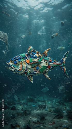 Fish made of plastic garbage floating in polluted ocean. Environmental crisis and marine life conservation concept for World Oceans Day. Impact of human waste on nature and ecosystem.