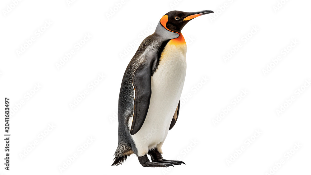 Obraz premium Adult king penguin standing calmly looking alert facing right side view isolated on transparent background