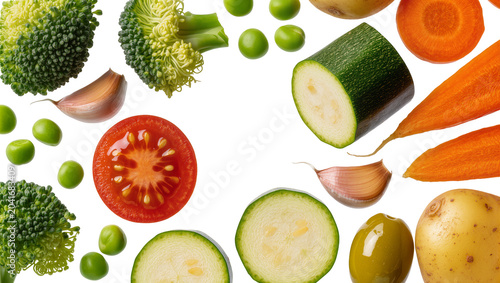 Tableau sur toile Broccoli florets tomato slice zucchini slices garlic carrots potato, and olive