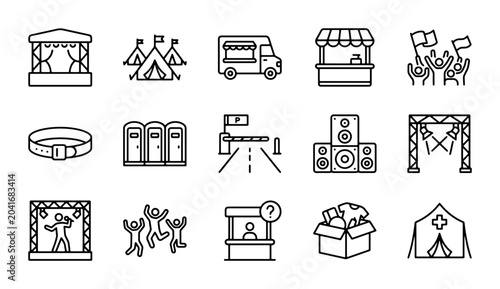 Quadro em tela Festival Icons Set: Stage, Tents, Food Truck, Booths, Crowd, Portable Toilets, B