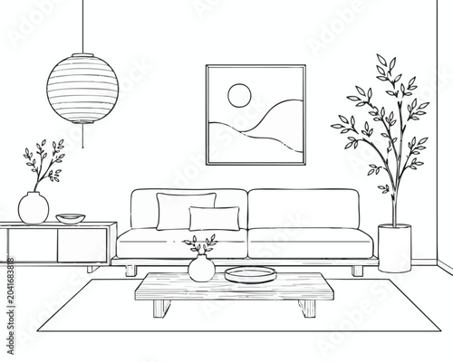 Minimalist living room, interior design, line art illustration, furniture vector, home decor