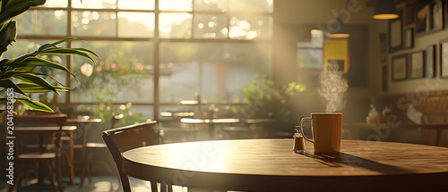 Steaming coffee mug on a warm wooden table, illuminated by soft sunlight streaming through large cafe windows