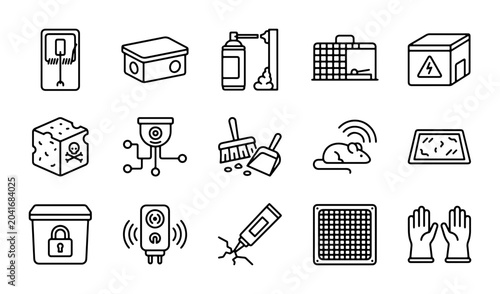 Bild auf Leinwand Pest Control Icons Set: Rodent Traps, Sprays, Gloves, and Deterrents Vector Grap