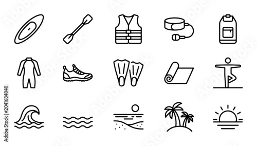 Foto Water Sports Icons Set: Kayak, Paddle, Vest, Fins, Surfboard, Beach, Waves, Sunr