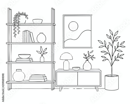 Minimalist home decor, interior design elements, line art illustration, furniture and plants, simple stylish room