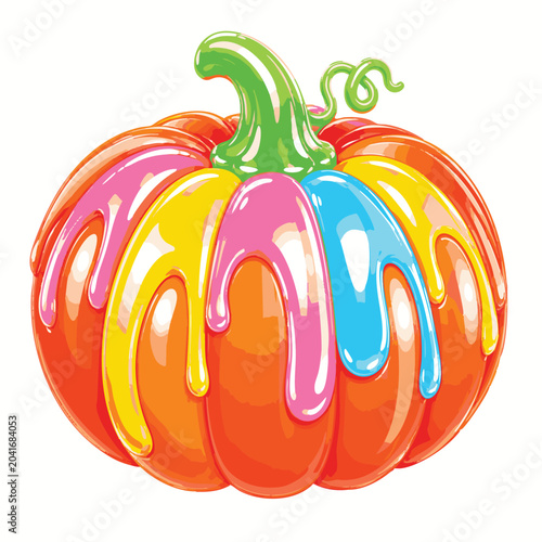 Colorful pumpkin, dripping paint, Halloween decoration, vector illustration, orange pumpkin
