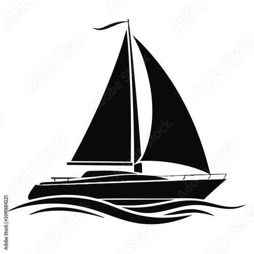 Sailing boat, yacht, sailboat icon, black silhouette, nautical symbol