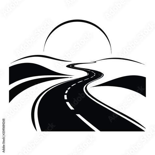 Road, highway, vector, black, white, illustration, landscape, transportation, travel, road trip, sunset