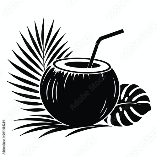 Black coconut drink icon, tropical palm leaves, summer vacation symbol, monochrome illustration