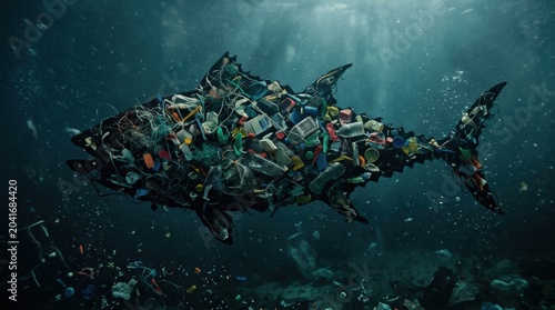 Fish silhouette shaped from plastic waste floating in ocean. Environmental concept about water pollution and marine ecosystem conservation for World Oceans Day awareness campaign.